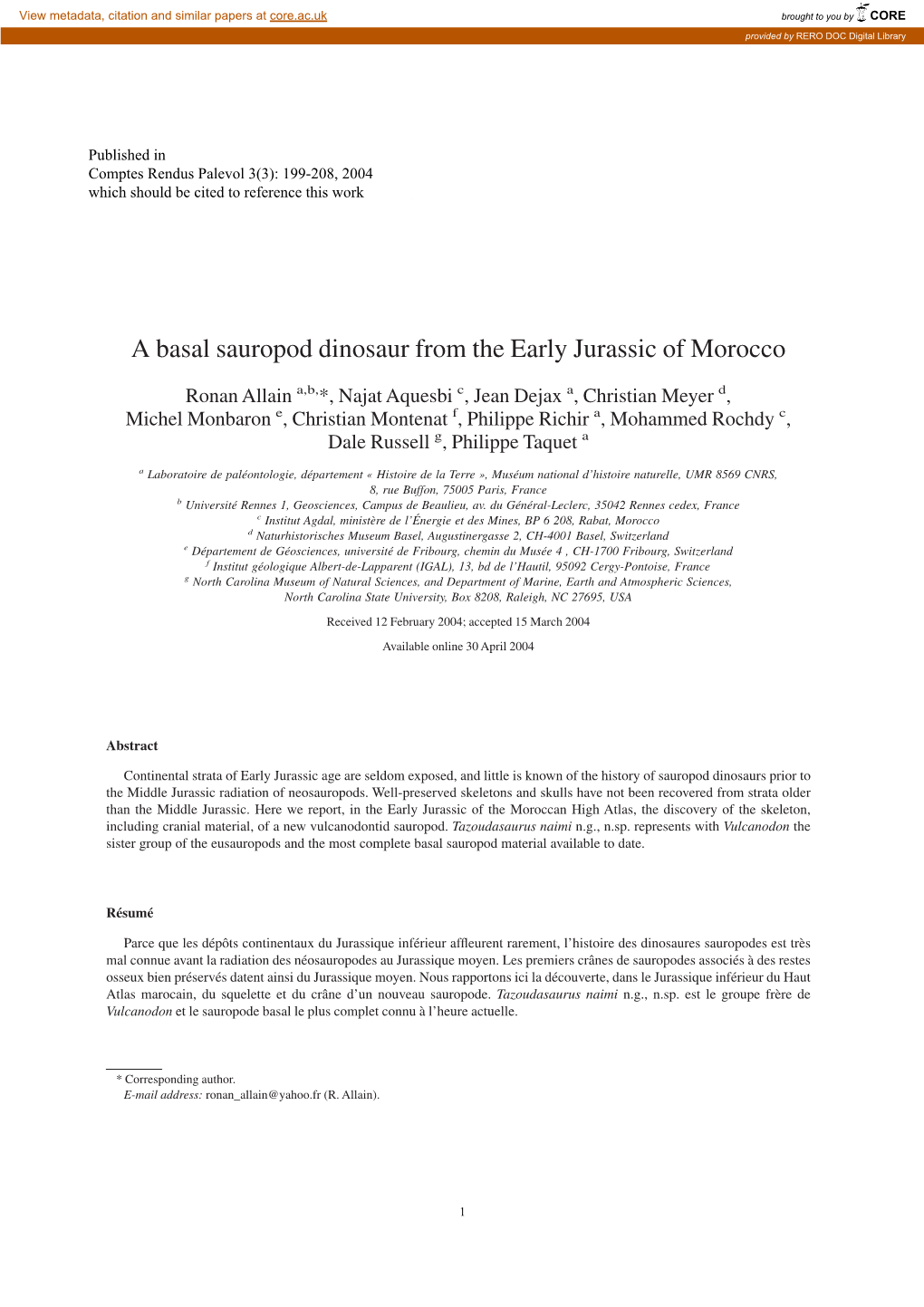 A Basal Sauropod Dinosaur from the Early Jurassic of Morocco