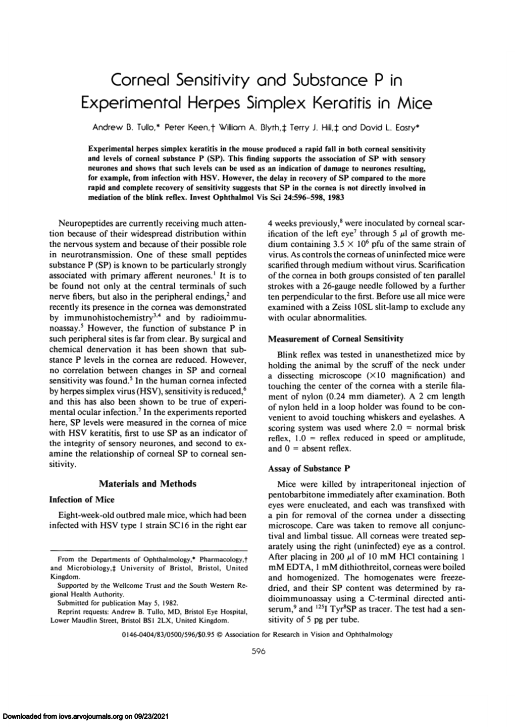 Corneal Sensitivity and Substance P in Experimental Herpes Simplex Keratitis in Mice