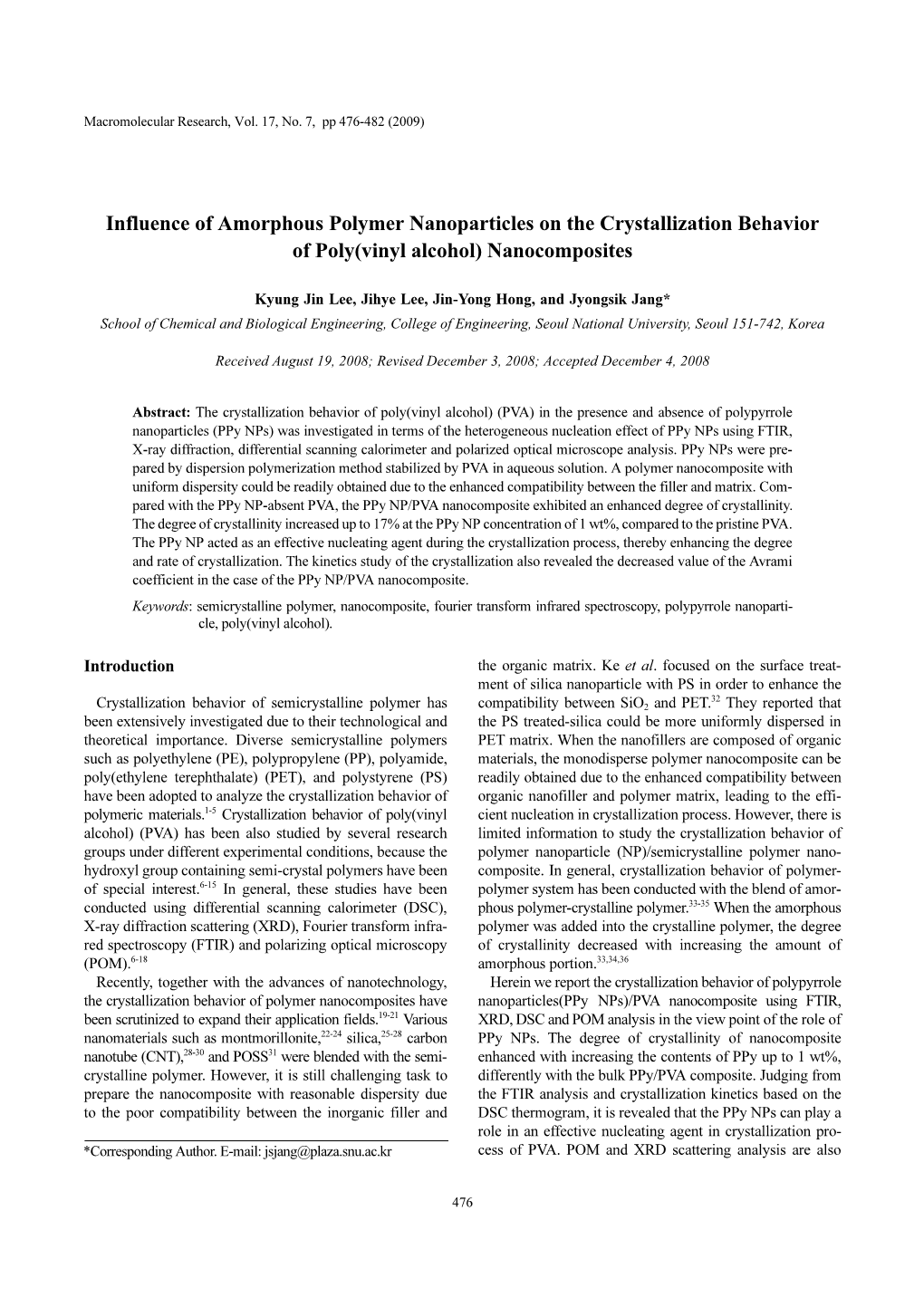 Influence of Amorphous Polymer Nanoparticles on the Crystallization Behavior of Poly(Vinyl Alcohol) Nanocomposites