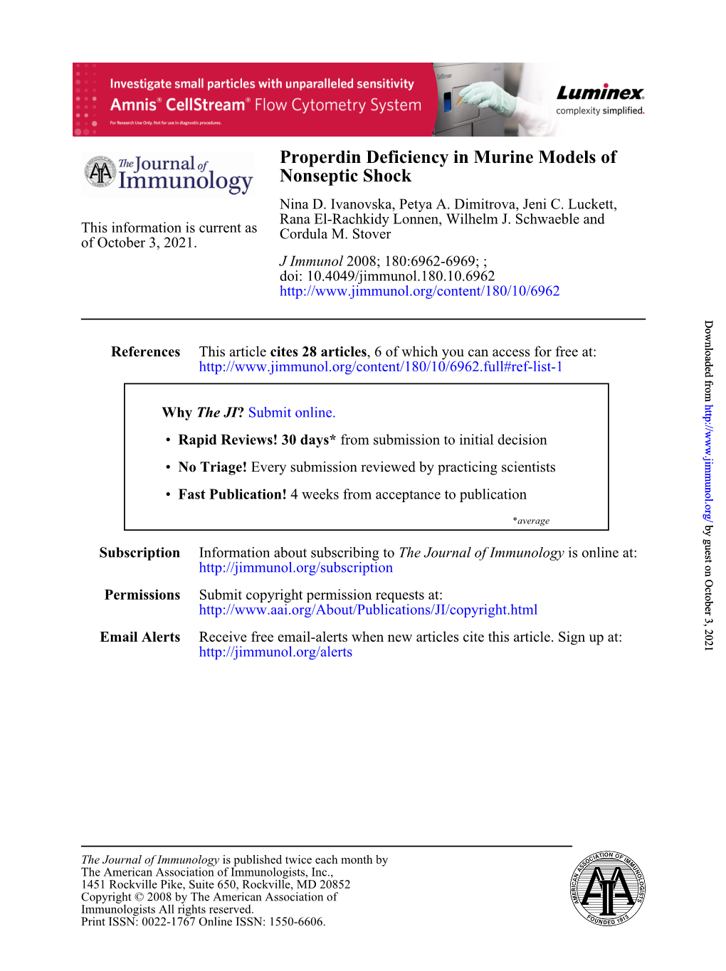 Nonseptic Shock Properdin Deficiency in Murine Models Of