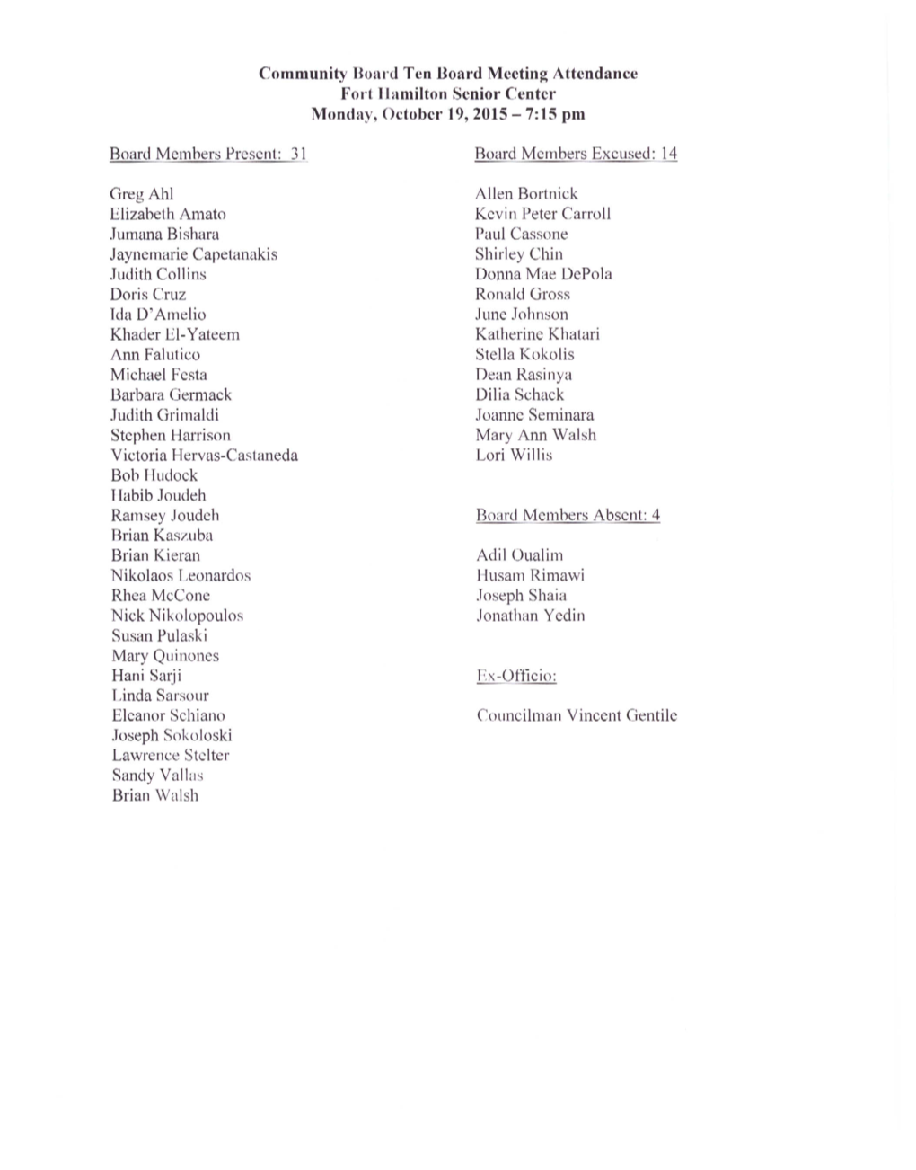 Community Board Ten Lloard Meeting Attendance Fort Hamilton Senior Center Monday, Odober T 9,2015 - 7:15 Pm