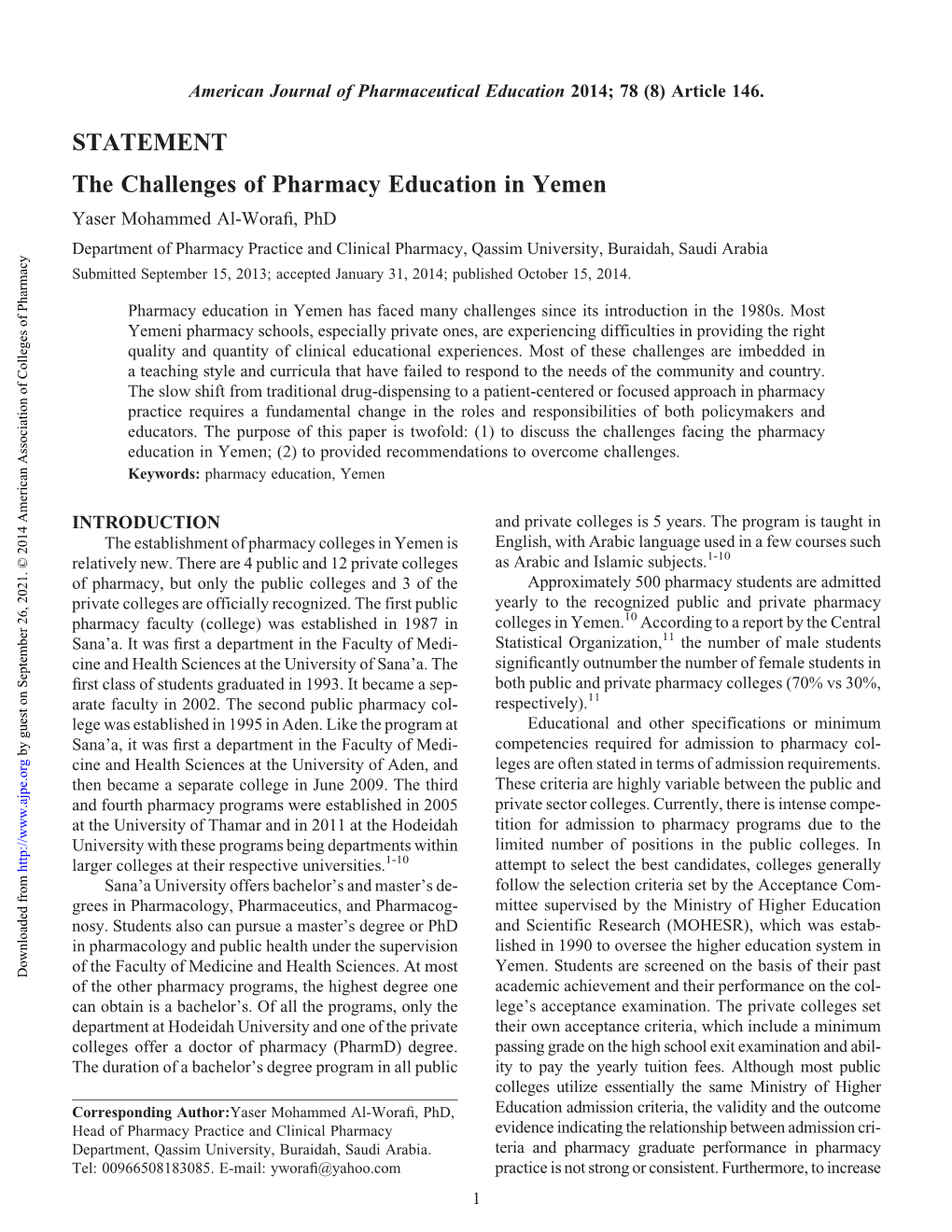 The Challenges of Pharmacy Education in Yemen