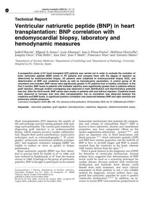 (BNP) in Heart Transplantation: BNP Correlation with Endomyocardial Biopsy, Laboratory and Hemodynamic Measures