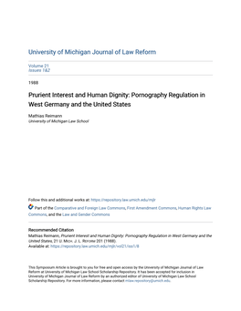 Prurient Interest and Human Dignity: Pornography Regulation in West Germany and the United States