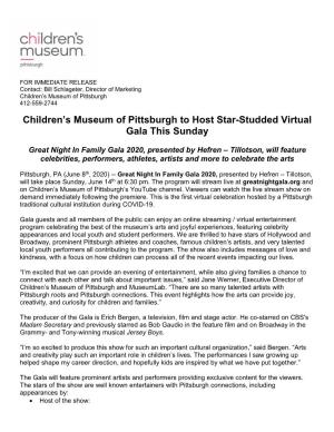 Children's Museum to Host Star-Studded Virtual Gala on June 14
