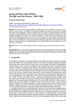 Aunty and Her Little Villains. the BBC and the Unions, 1969-1984