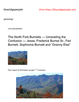 The North Fork Burnetts (Burnet) Who Were a Remarkable American Family Characterized As Strong ﬁghters and Adventuresome Settlers