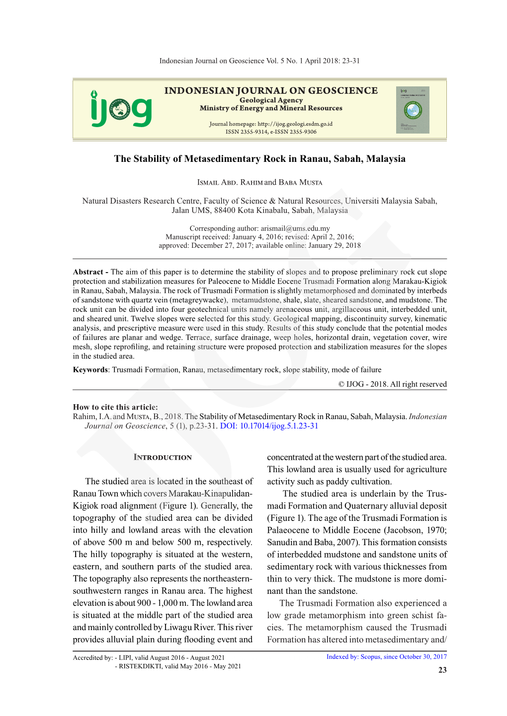 The Stability of Metasedimentary Rock in Ranau, Sabah, Malaysia INDONESIAN JOURNAL on GEOSCIENCE