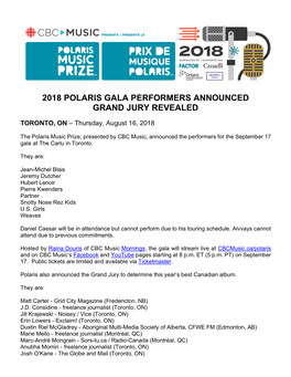 2018 Polaris Gala Performers Announced Grand Jury Revealed