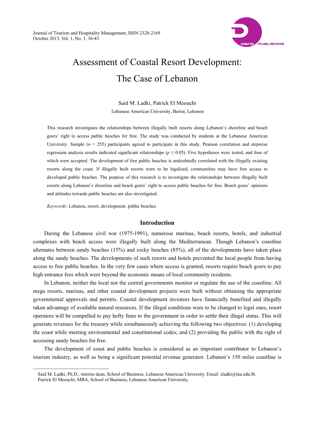 Assessment of Coastal Resort Development: the Case of Lebanon