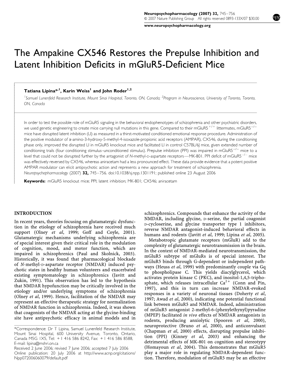 The Ampakine CX546 Restores the Prepulse Inhibition and Latent Inhibition Deficits in Mglur5-Deficient Mice