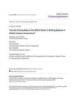 Transfer Pricing Rules in the BRICS World: a Shifting Balance in Global Taxation Governance?