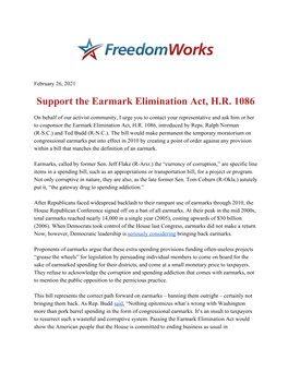 Support the Earmark Elimination Act, H.R. 1086