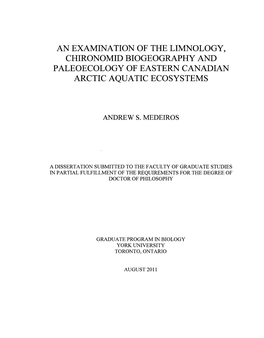 An Examination of the Limnology, Chironomid Biogeography and Paleoecology of Eastern Canadian Arctic Aquatic Ecosystems