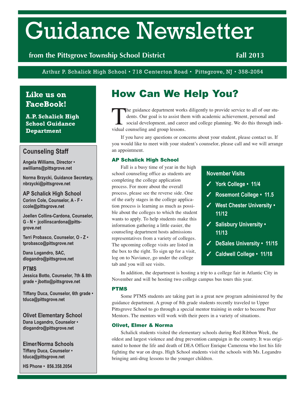Guidance Newsletter from the Pittsgrove Township School District Fall 2013