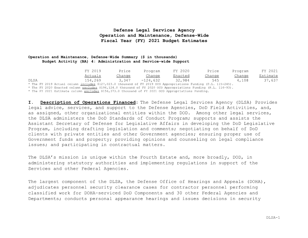 Defense Legal Services Agency Operation and Maintenance, Defense-Wide Fiscal Year (FY) 2021 Budget Estimates