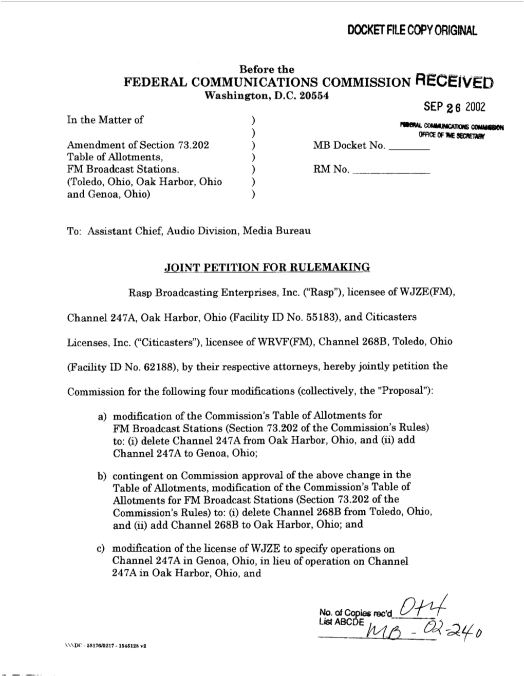 SEP 26 2002 in the Matter of ) -~Ncw6cowrrswm ) -Wiwes&Ietuw Amendment of Section 73.202 ) MB Docket No