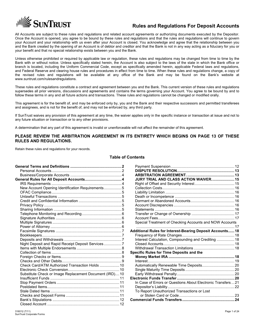 Suntrust Rules and Regulations for Deposit Accounts