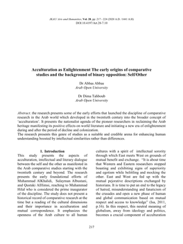 Acculturation As Enlightenment the Early Origins of Comparative Studies and the Background of Binary Opposition: Self/Other