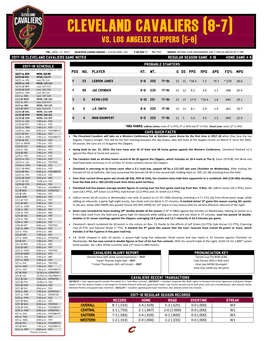 CLEVELAND CAVALIERS GAME NOTES REGULAR SEASON GAME # 16 HOME GAME # 8 PROBABLE STARTERS 2017-18 SCHEDULE All Games Can Be Heard on WTAM/La Mega 87.7 FM POS NO