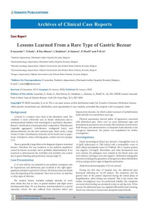 Lessons Learned from a Rare Type of Gastric Bezoar E Lacombe¹*, E Kadz¹, B Des-Marez², L Dedeken³, a Salame4, K Khelif5 and P-Q Lê¹