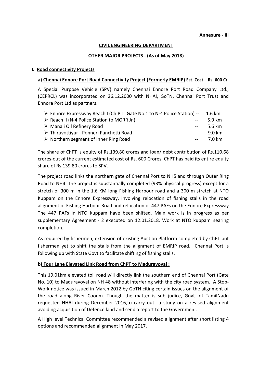 Annexure ‐ III CIVIL ENGINEERING DEPARTMENT OTHER MAJOR PROJECTS ‐ (As of May 2018)