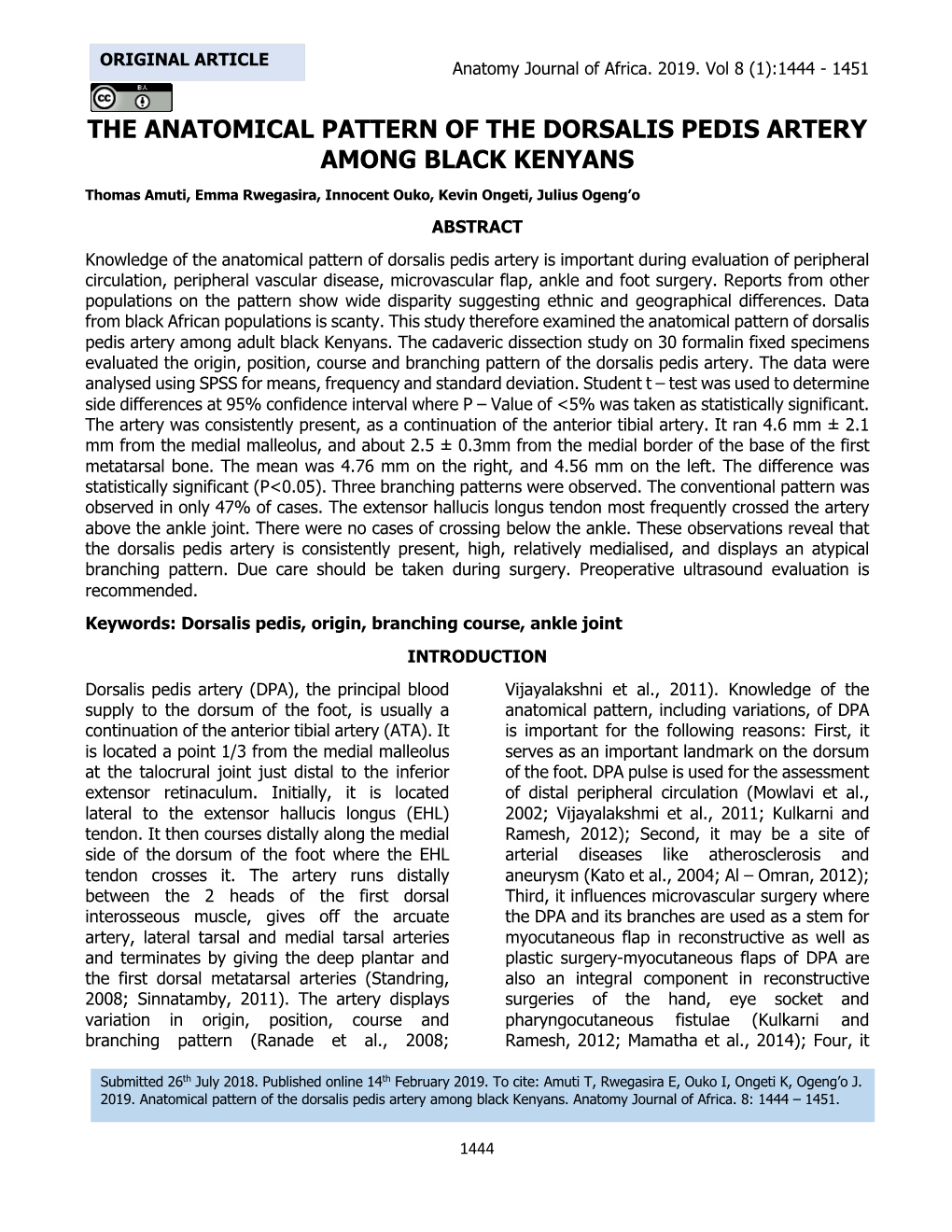 The Anatomical Pattern of the Dorsalis Pedis Artery Among Black Kenyans