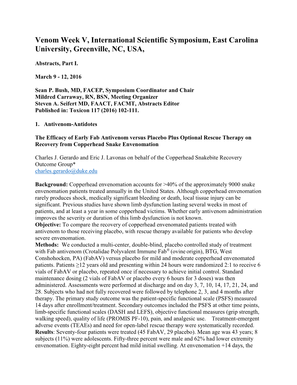 Venom Week V, International Scientific Symposium, East Carolina University, Greenville, NC, USA