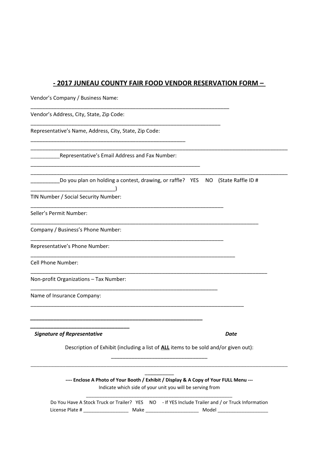2017 Juneau County Fair Food Vendor Reservation Form