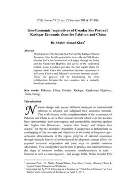 Geo-Economic Imperatives of Gwadar Sea Port and Kashgar Economic Zone for Pakistan and China