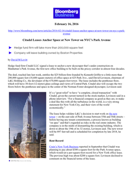 BLOOMBERG BUSINESS February 16, 2016 Citadel Leases Anchor Space at New Tower on NYC's Park Avenue