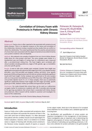 Correlation of Urinary Foam with Proteinuria in Patients with Chronic