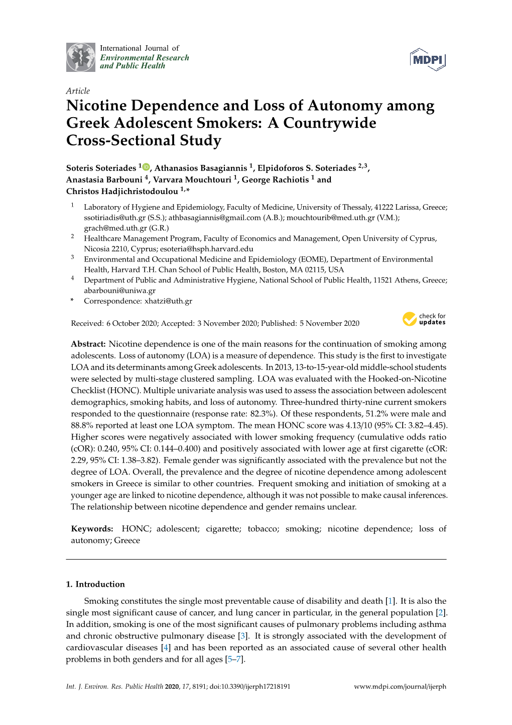 Nicotine Dependence and Loss of Autonomy Among Greek Adolescent Smokers: a Countrywide Cross-Sectional Study