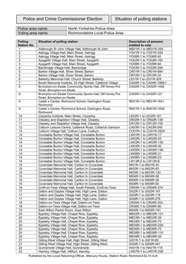 Richmondshire Polling Stations for the Police, Fire and Crime Commissioner Election 2021