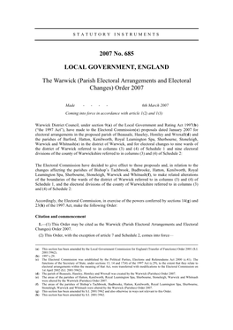 The Warwick (Parish Electoral Arrangements and Electoral Changes) Order 2007