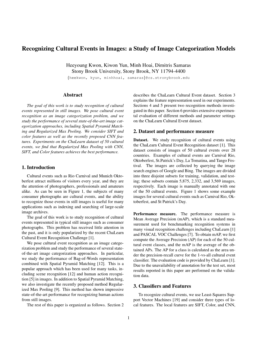 Recognizing Cultural Events in Images: a Study of Image Categorization Models