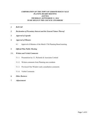 Corporation of the Town of Smooth Rock Falls Planing Board Meeting Agenda Thursday, September 11, 2014 to Be Held in the Council Chambers
