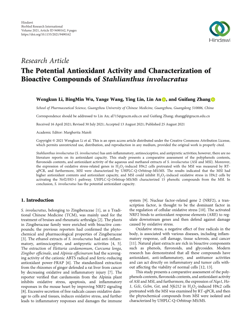 The Potential Antioxidant Activity and Characterization of Bioactive Compounds of Stahlianthus Involucratus