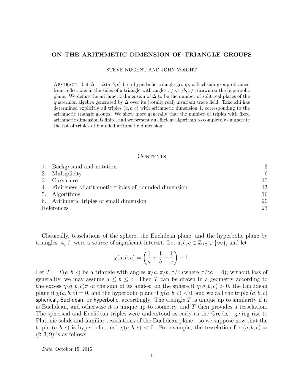 ON the ARITHMETIC DIMENSION of TRIANGLE GROUPS Contents