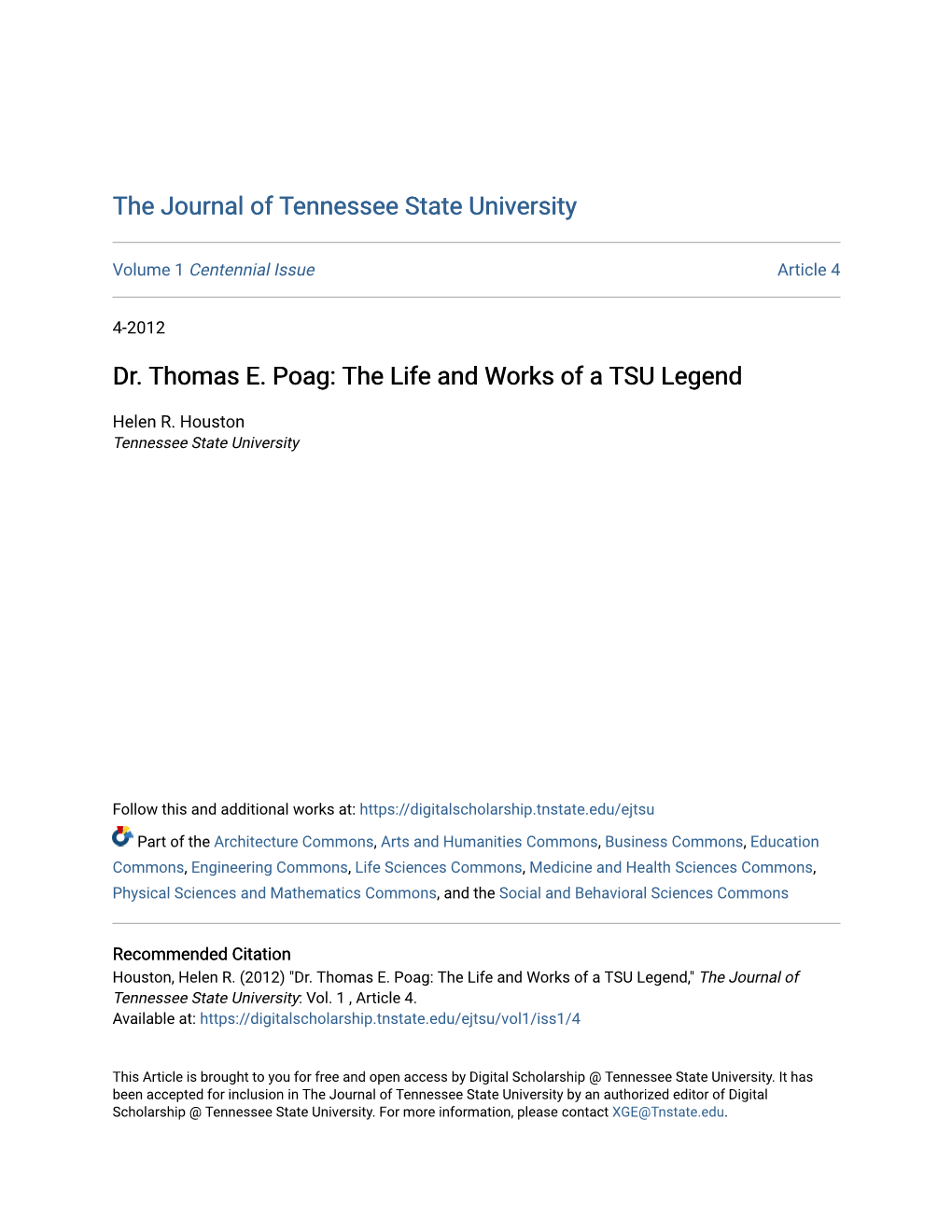 Dr. Thomas E. Poag: the Life and Works of a TSU Legend