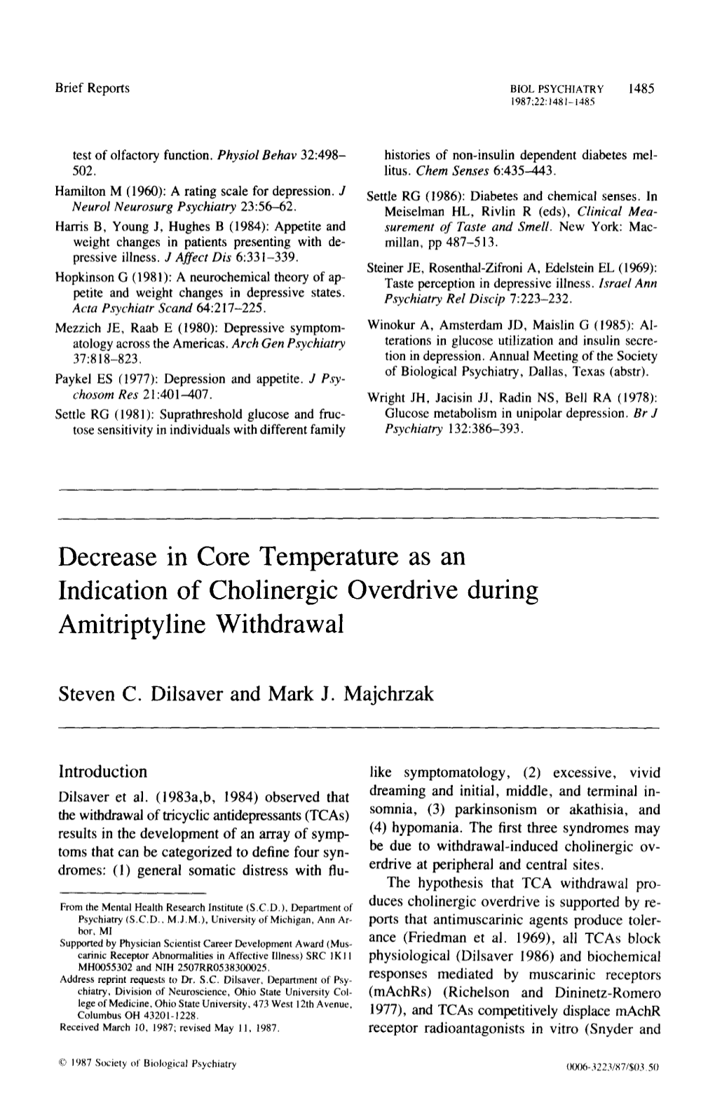 Decrease in Core Temperature As an Indication of Cholinergic Overdrive During Amitriptyline Withdrawal