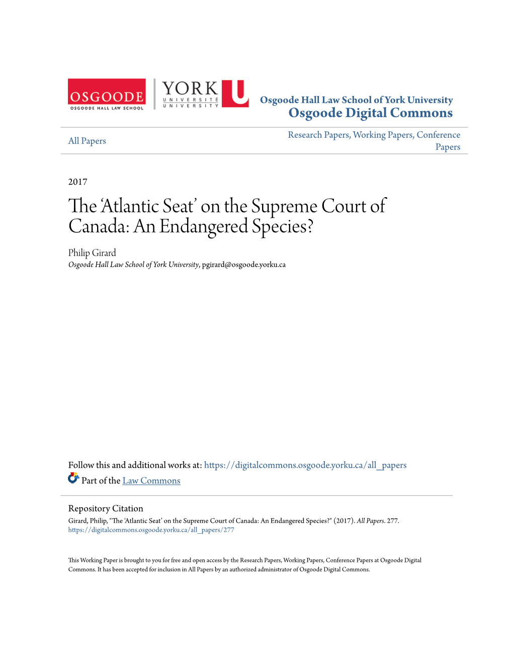 'Atlantic Seat' on the Supreme Court of Canada: an Endangered Species?