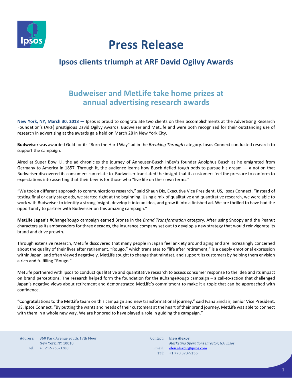 Press Release Ipsos Clients Triumph at ARF David Ogilvy Awards