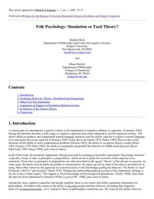 Folk Psychology: Simulation Or Tacit Theory? Contents 1. Introduction