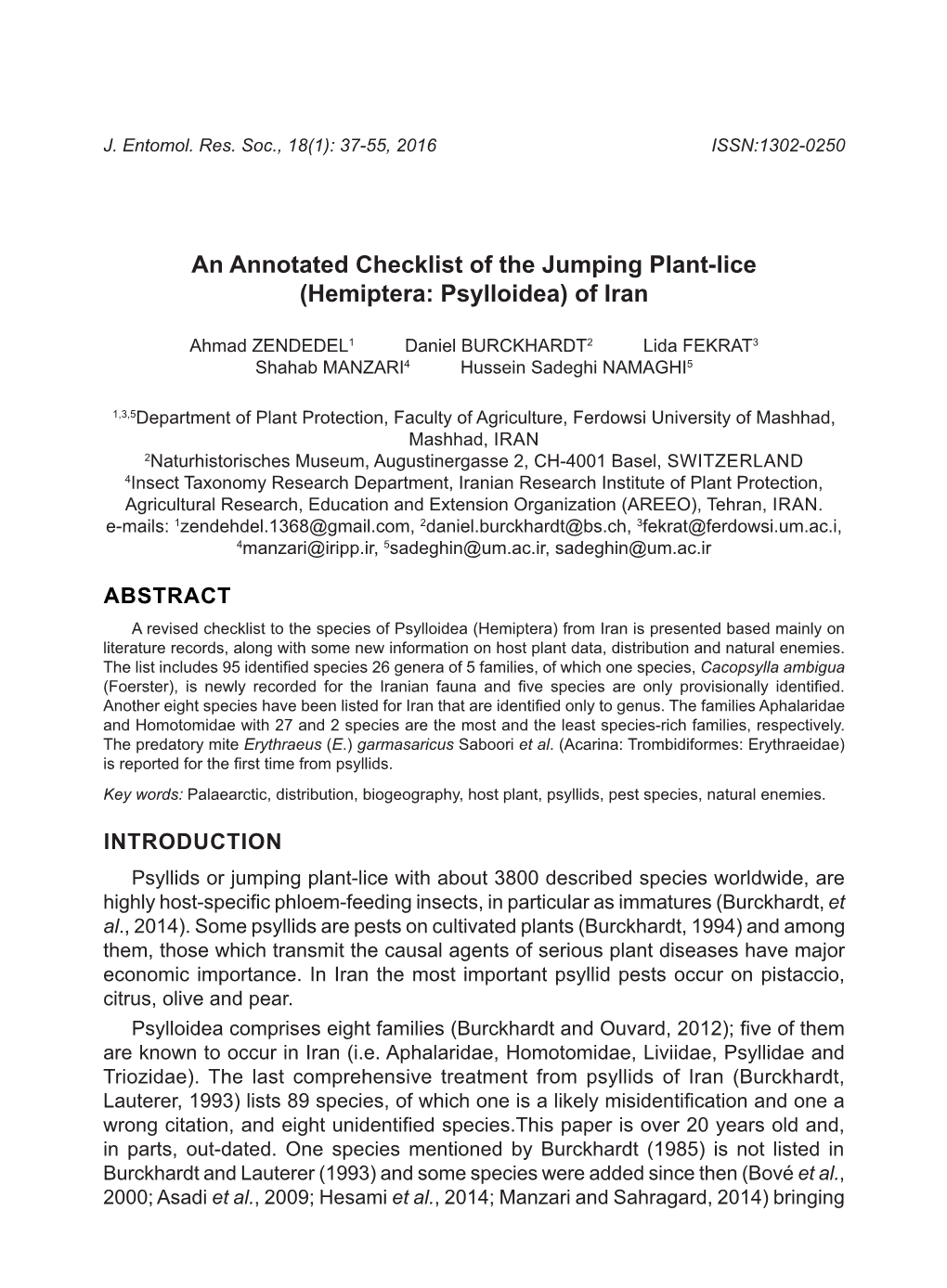 An Annotated Checklist of the Jumping Plant-Lice (Hemiptera: Psylloidea) of Iran