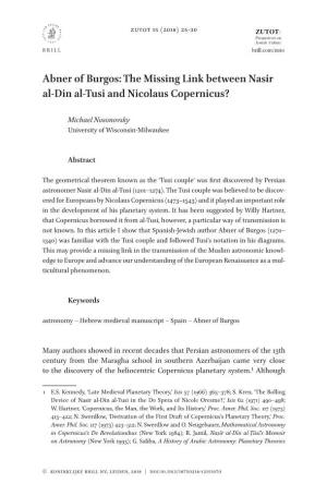Abner of Burgos: the Missing Link Between Nasir Al-Din Al-Tusi and Nicolaus Copernicus?