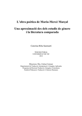 L'obra Poètica De Maria-Mercè Marçal Una Aproximació Des Dels Estudis