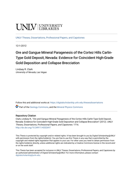 Ore and Gangue Mineral Paragenesis of the Cortez Hills Carlin- Type Gold Deposit, Nevada: Evidence for Coincident High-Grade Gold Deposition and Collapse Brecciation