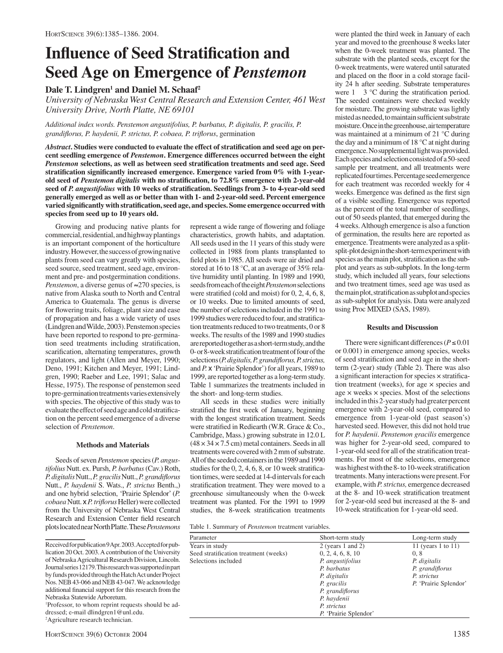 Influence of Seed Stratification and Seed Age on Emergence of Penstemon