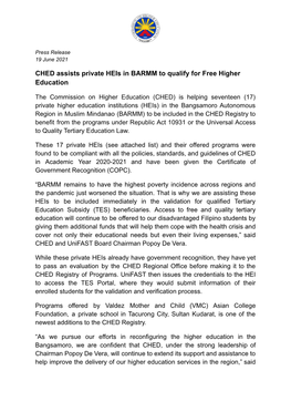 CHED Assists Private Heis in BARMM to Qualify for Free Higher Education